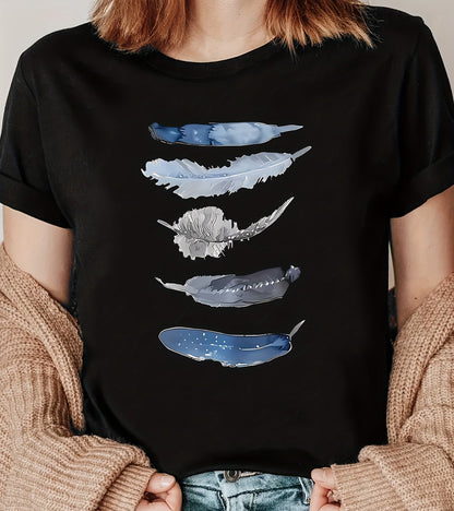Damen T-Shirt mit künstlerischem Feder-Print, lässig, für Alltag und Freizeit