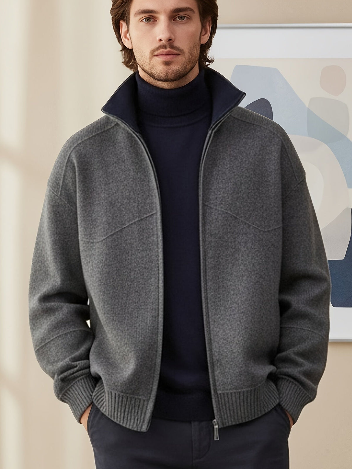 Herren Strickjacke Reißverschluss Stehkragen Rippbündchen Dunkelgrau