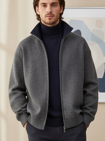 Herren Strickjacke Reißverschluss Stehkragen Rippbündchen Dunkelgrau
