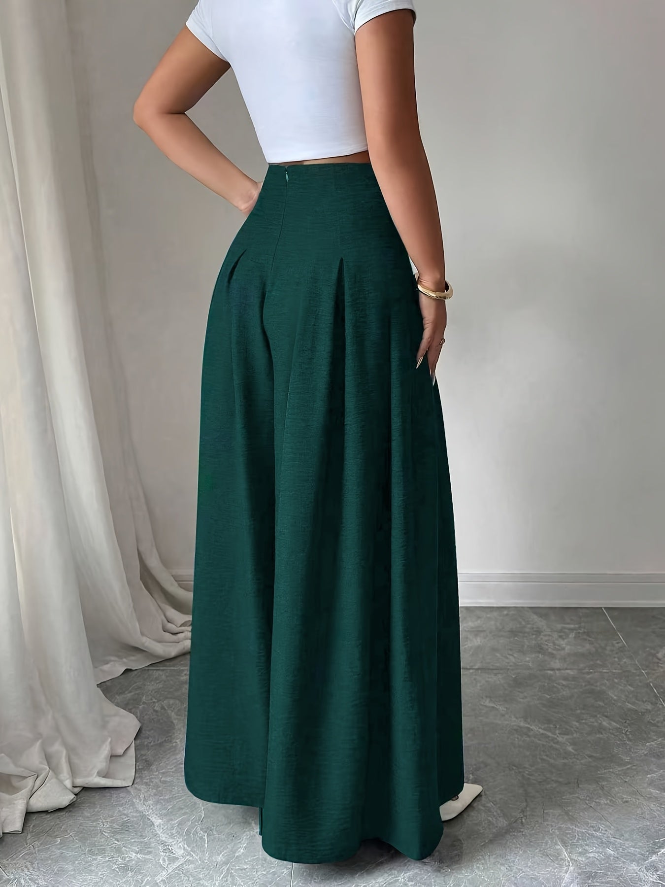 Damen Weitbeinige High-Waist Hose mit Knopfdetail und Eleganten Falten – Modische Business- und Freizeit-Hose