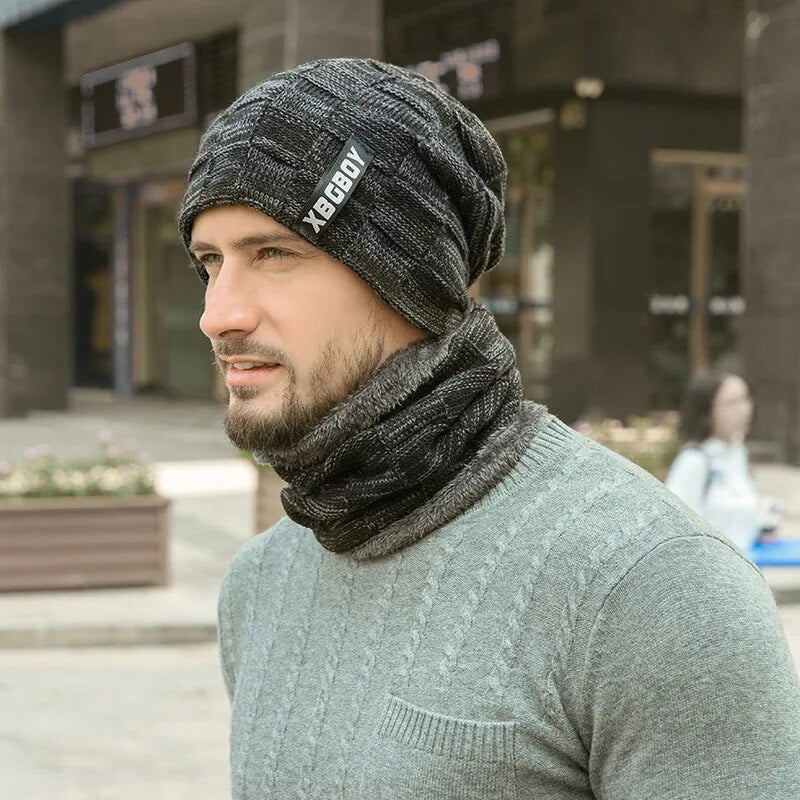 Unisex Winter Mütze & Schal Set Strickmuster mit Plüschfutter in verschiedenen Farben