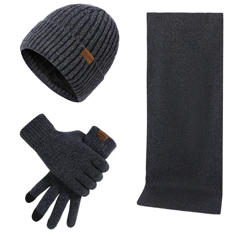 Unisex Winter Strickmütze Schal Handschuhe Set gerippt Touchscreen