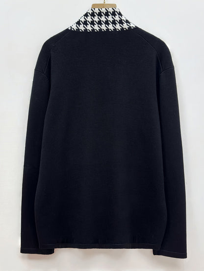 Herren Cardigan mit Hahnentrittmuster Revers Offene Vorderseite Schwarz