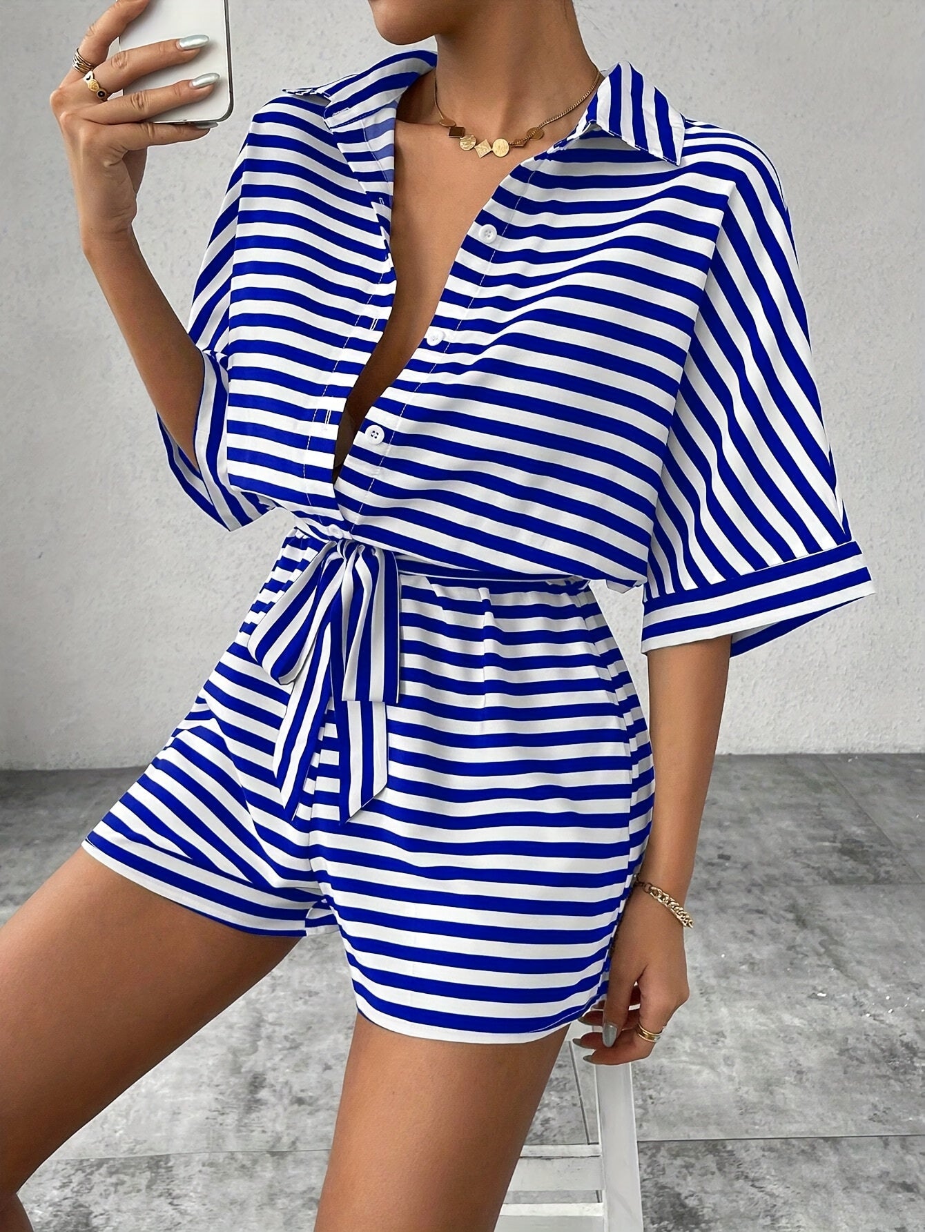 Damen Sommer Streifen Overall – Modischer Freizeit Jumpsuit mit Gürtel