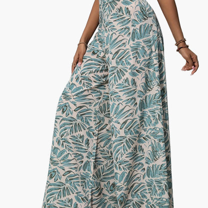 Damen Sommer Palazzo-Hose mit weitem Bein und tropischem Blätterprint – Perfekt für Strand und Freizeit