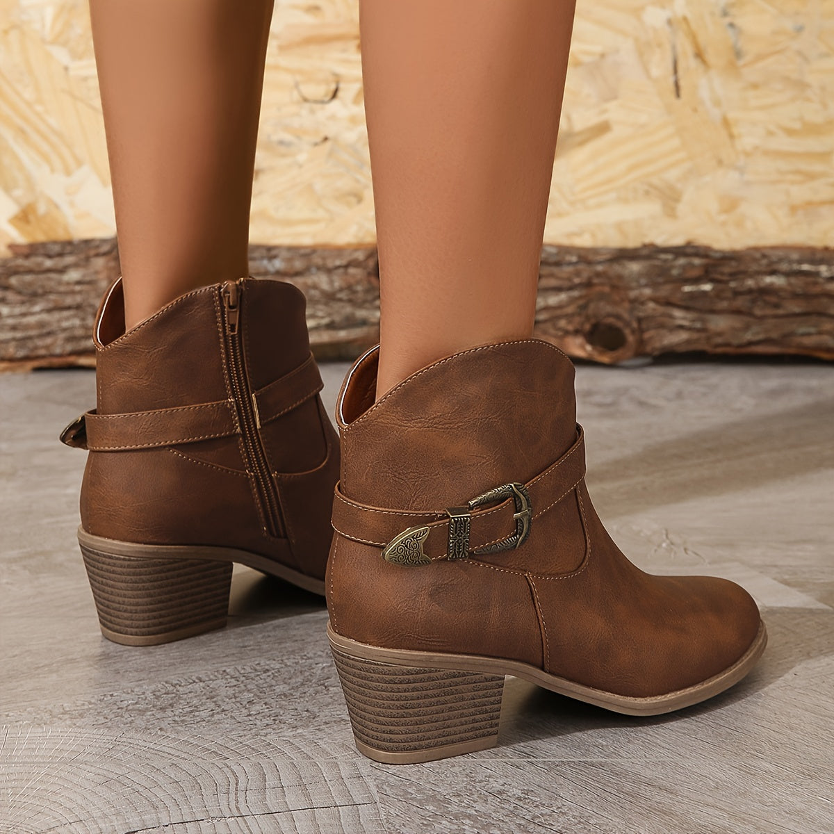 Damen Stiefelette mit Schnalle & Blockabsatz, Braun