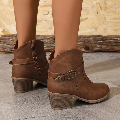 Damen Stiefelette mit Schnalle & Blockabsatz, Braun