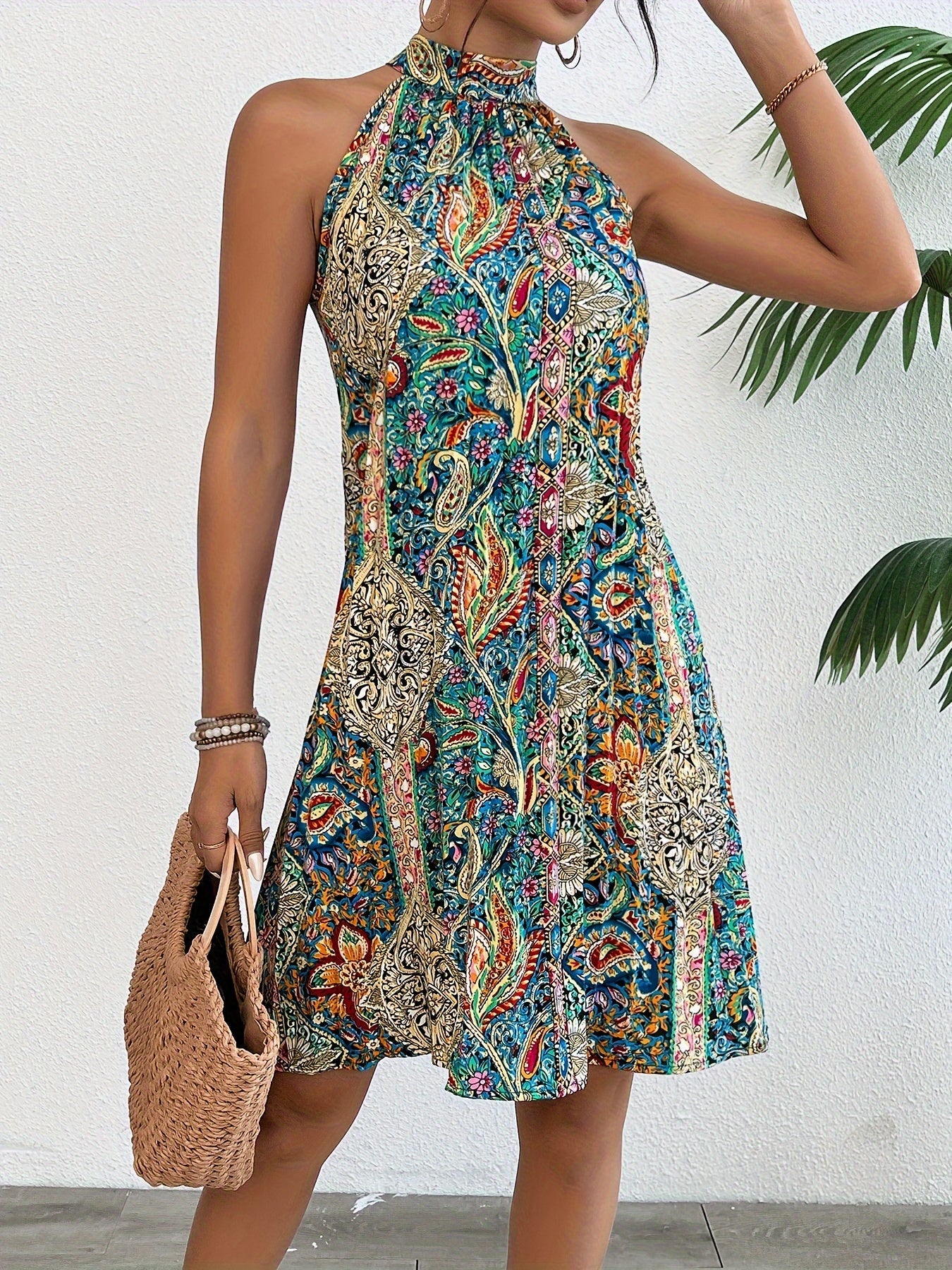 Damen Sommerkleid Elegant Boho Tunika Halter Neck für Alltag & Urlaub