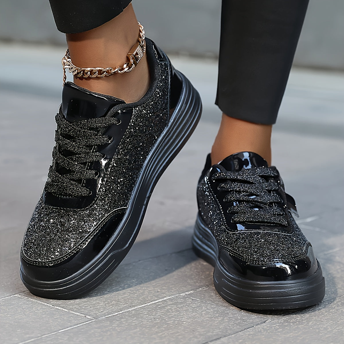 Damen Glitzer Sneaker für Alltag und Party – Modische Freizeitschuhe mit Plateau und Glanz-Effekt