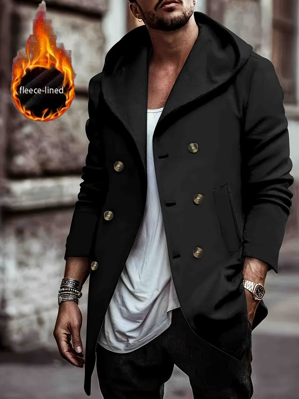 Herren Mantel mit Kapuze, gefüttert, zweireihig, Stehkragen, warm