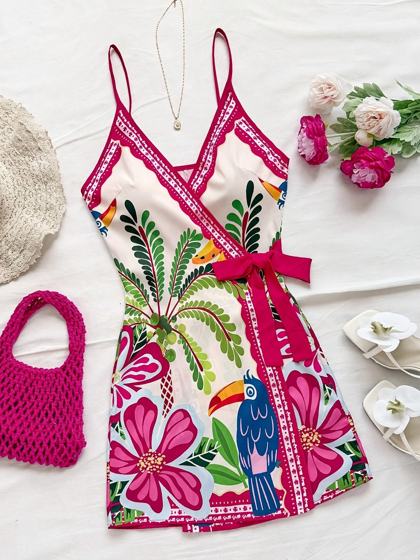 Damen Sommer Wickelkleid mit tropischem Print und Blumenmuster – Ideal für Urlaub und Freizeit