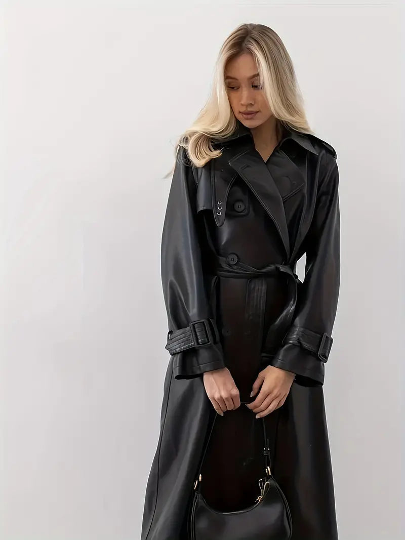 Damen Trenchcoat – Eleganter Veganem Leder-Look, Lang, Doppelreihig, Mit Taillengürtel, Stilvoll Für Herbst & Winter