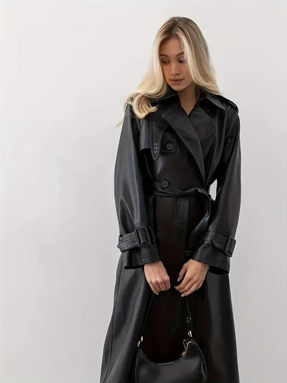 Damen Trenchcoat – Eleganter Veganem Leder-Look, Lang, Doppelreihig, Mit Taillengürtel, Stilvoll Für Herbst & Winter