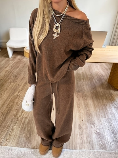 Damen Loungewear Set Braun Langärmeliger Pullover & Weite Hose