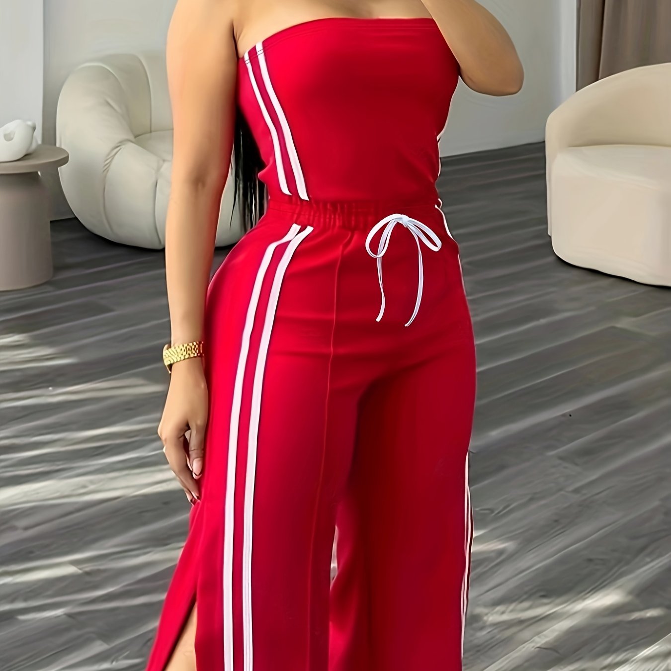 Damen Jumpsuit Sportlich Elegant Bandeau mit Streifen und weitem Bein