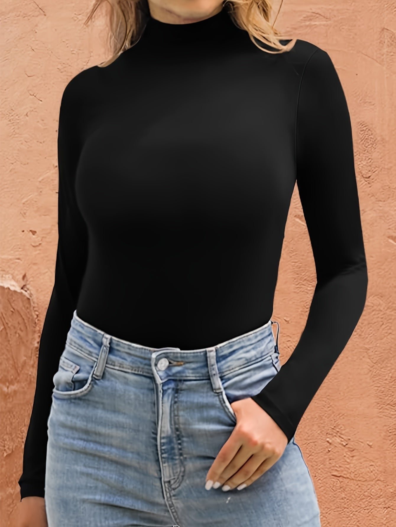 Damen Bodysuit Schwarz Langarm Rollkragen Stehkragen Warmer Thermo-Stil