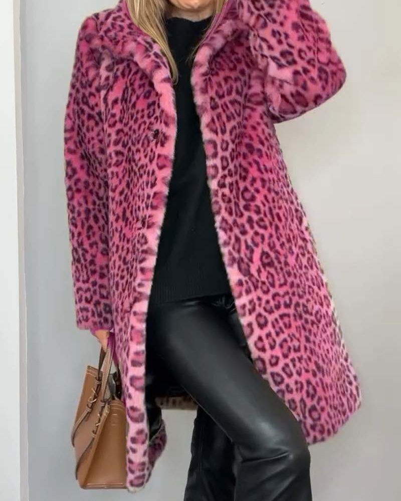 Damen Leopard Print Mantel Warmer Kunstfell-Mantel mit Reverskragen