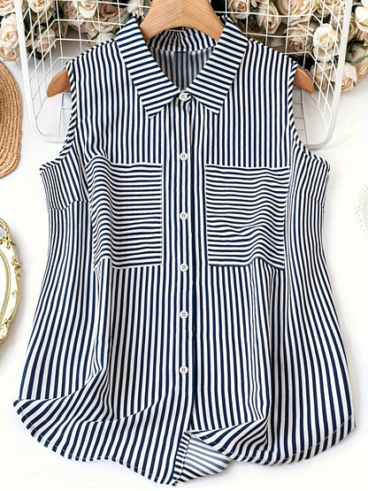 Damen Ärmellose Bluse mit Streifen und Knopfleiste – Eleganter Sommer-Look, Büro & Freizeit