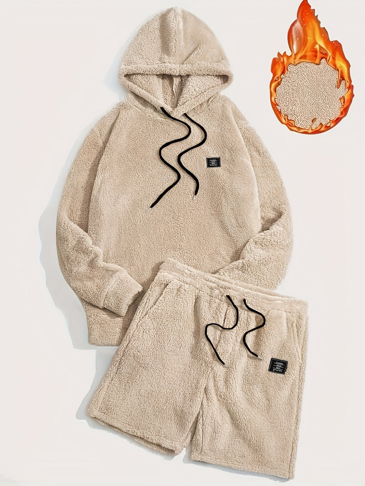 Unisex Teddy-Fleece Hoodie & Shorts Set mit Kapuze und Kordelzug