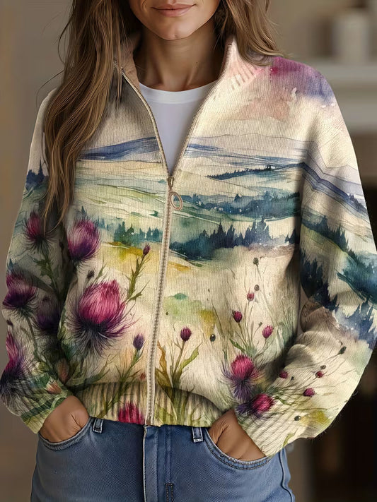 Damen Jacke mit Reißverschluss, Stehkragen und Distel-Landschaftsmuster
