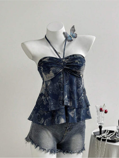 Damen Neckholder-Top im Boho-Stil mit Rüschen und Herzmuster – Modisches Sommer-Peplum für Freizeit und Ausgehen
