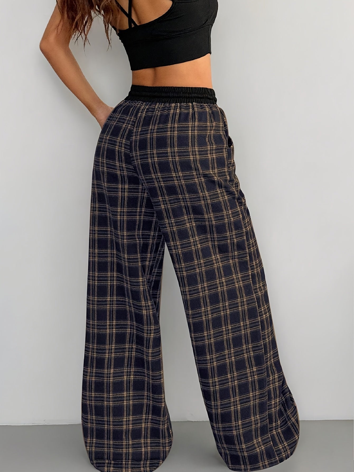 Damen Weite Loungehose mit Kordelzug im Karomuster – Bequeme Freizeithose für Alltag und Zuhause