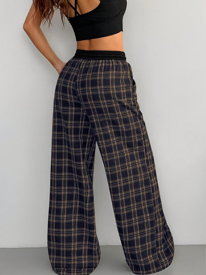 Damen Weite Loungehose mit Kordelzug im Karomuster – Bequeme Freizeithose für Alltag und Zuhause