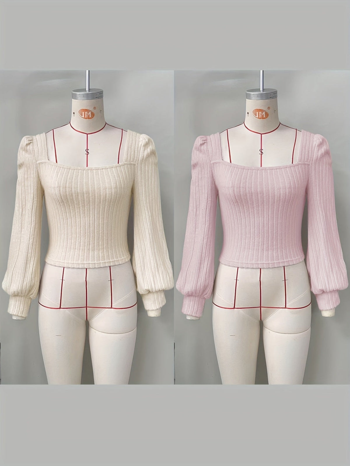Geripptes Crop-Top Damen mit Puffärmeln & eckigem Ausschnitt