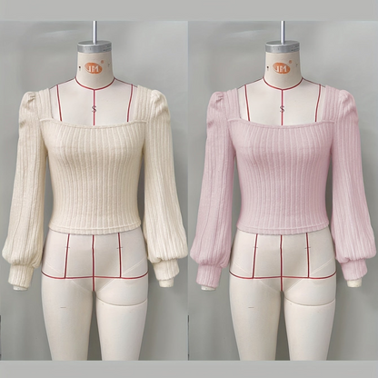 Geripptes Crop-Top Damen mit Puffärmeln & eckigem Ausschnitt