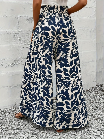 Damen Weitbeinige Paperbag-Hose mit Tropischem Blattmuster für Elegante Freizeit- und Urlaubslooks