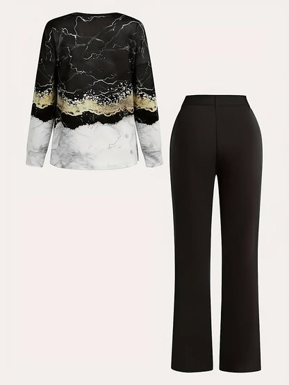 Damen Elegante Freizeit-Hose mit Modernem Print-Oberteil – Perfekt für Alltag und Ausflüge