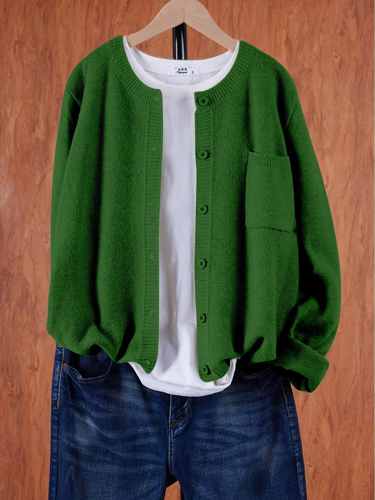 Damen Strick Cardigan Rundhals Langarm Strickjacke mit Knöpfen und Brusttasche