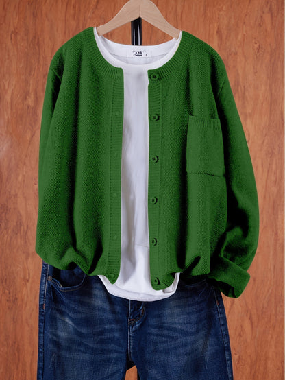Damen Strick Cardigan Rundhals Langarm Strickjacke mit Knöpfen und Brusttasche