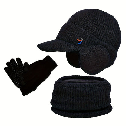 Unisex Winter Set Strickmütze mit Visier und Ohrenklappen, Rundschal und Handschuhe