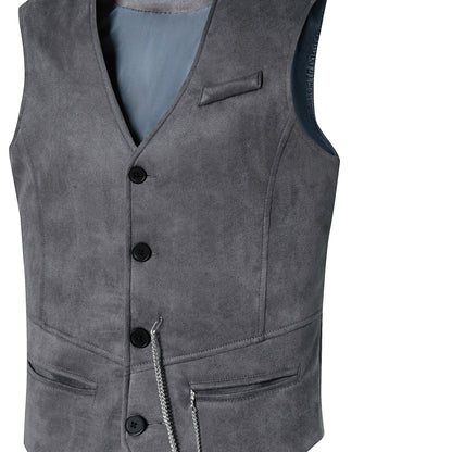 Herren Weste mit V-Ausschnitt & Knöpfen, Dekorative Kette, Taschen, Wildlederoptik