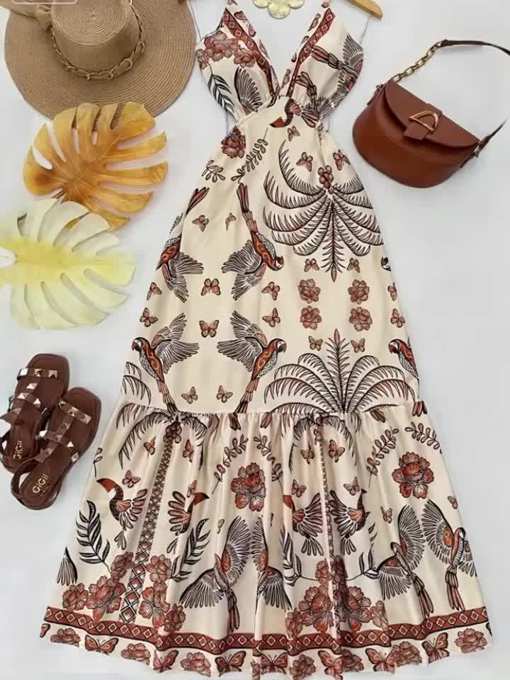Damen Maxikleid mit Boho-Print und V-Ausschnitt – Für Urlaub und Sommerfeste