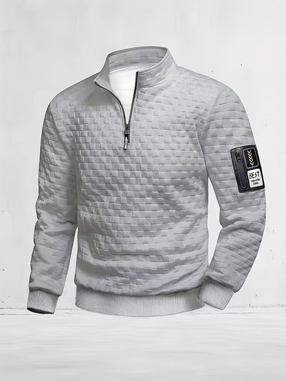 Herren Stehkragen Pullover mit Reißverschluss, gesteppt, Schwarz