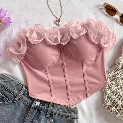 Damen Bustier Top schulterfrei mit Volant und Rüschen – Elegantes Party- und Ausgeh-Oberteil
