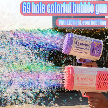 Kinder Bazooka Bubble Gun – Elektrische Seifenblasenpistole mit 69 Düsen und Lichteffekten – Geschenk für Indoor und Outdoor Spaß