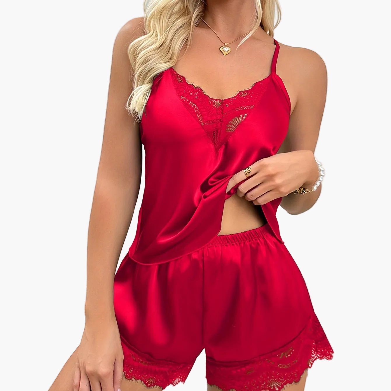 Damen Satin Pyjama Set mit Spitze – Verführerischer Loungewear Stil für Zuhause und gemütliche Nächte