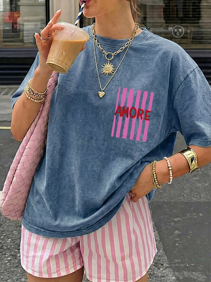 Damen Oversize Casual T-Shirt mit Print und Streifenshorts – Sommer Streetstyle Freizeitoutfit