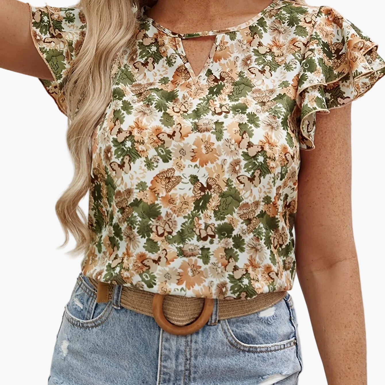 Damen Blusenshirt mit Blumenmuster und Volantärmeln – Sommerlich, Elegant, Freizeit & Alltag