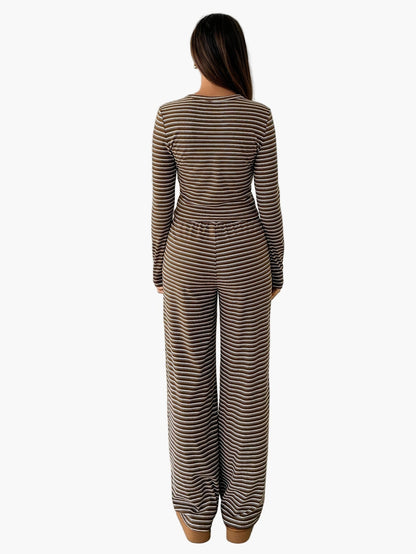 Damen Freizeit Zweiteiler Set – Gestreiftes Langarmshirt und Hose, Bequem & Modisch für Alltag und Lounge