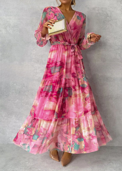 Jenny – Elegantes Chiffon-Kleid mit Kordelzug und Patchwork