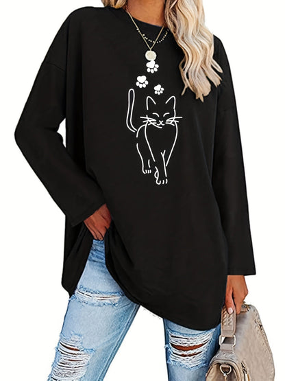 Damen Langarmshirt Oversize mit Katzenmotiv und Pfotenabdruck Rundhalsausschnitt Freizeitshirt