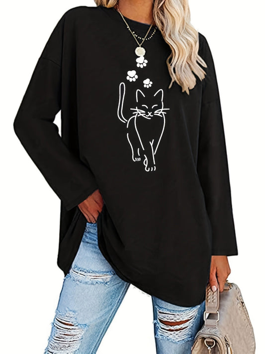 Damen Langarmshirt Oversize mit Katzenmotiv und Pfotenabdruck Rundhalsausschnitt Freizeitshirt