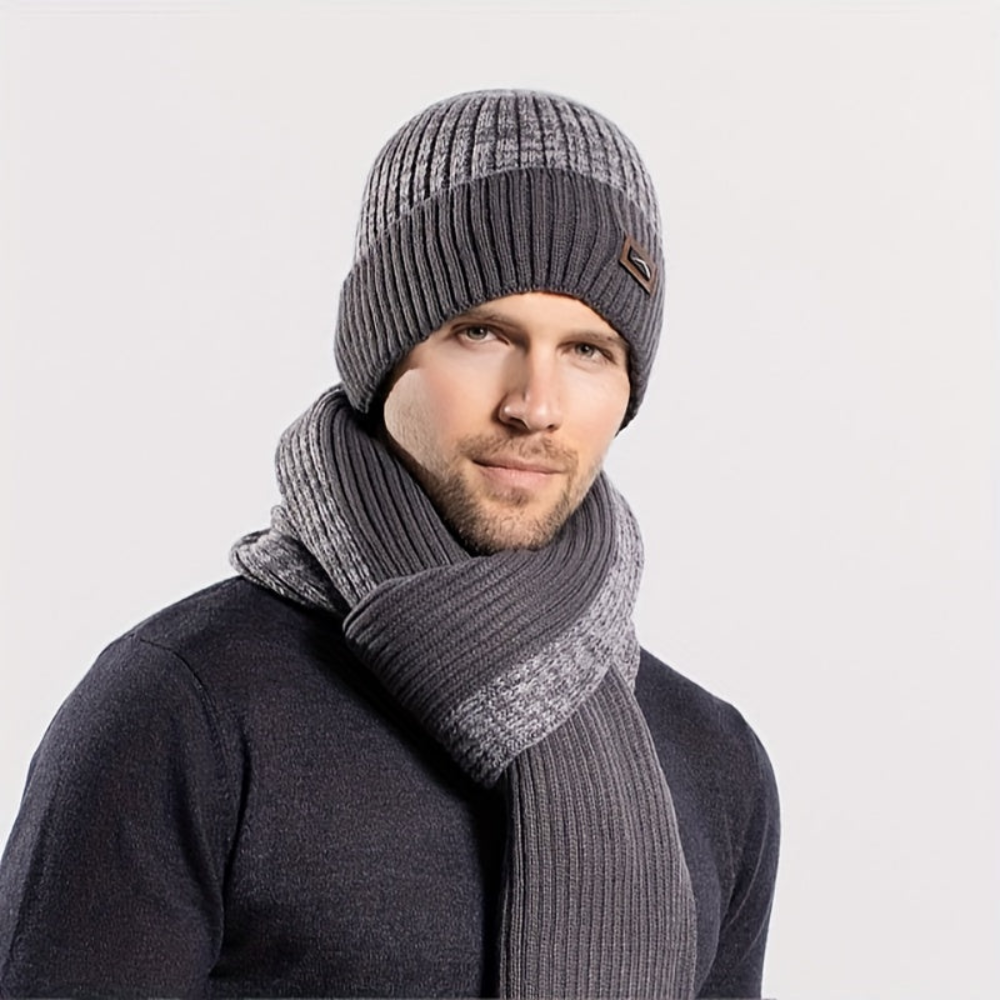 Unisex Wintermütze Schal Handschuhe Set, Gestrickt mit Innenfutter, Grau Melange