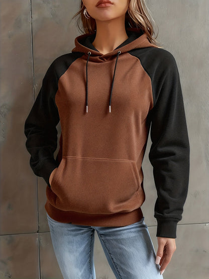 Damen Hoodie Raglan-Ärmel Braun Schwarz Kapuzenpullover mit Kängurutasche