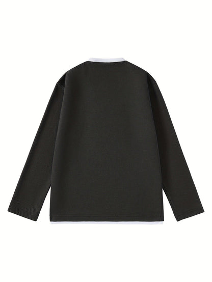Herren Langarmshirt Waffelstrick Optik V-Ausschnitt Grau/Schwarz