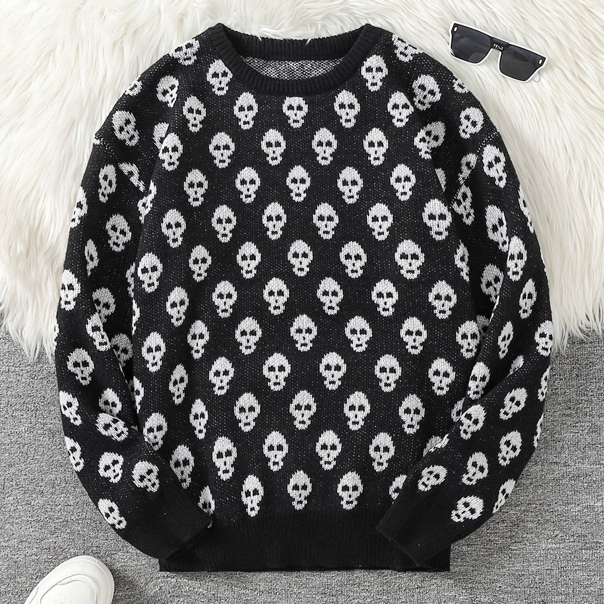 Unisex Pullover mit Totenkopfmuster Strick Rundhals Langarm Strickpullover